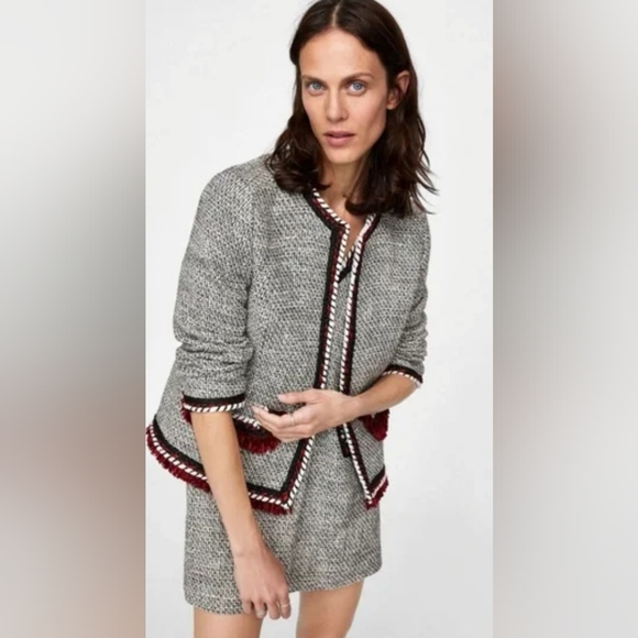Zara Silver Tweed Blazer With Chenille Fringe Trim Size Medium EUC - Picture 15 of 16